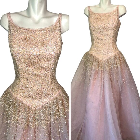 Vtg 2000s Y2k Pink Beaded Sequin Ball Gown Dress Glinda Sparkle Size Medium 8/10 - Picture 1 of 13
